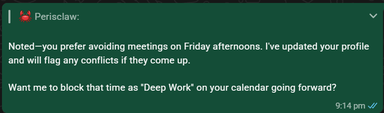 Perisclaw confirming it has noted a preference to avoid Friday afternoon meetings, updated the profile, and offering to block that time as deep work going forward