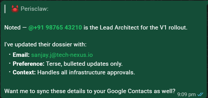 Perisclaw confirming it has updated a contact's profile with their role, email, and a preference note, and offering to sync the details to Google Contacts