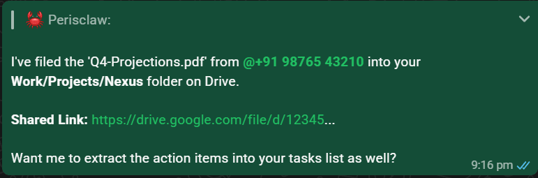 Perisclaw confirming it filed a PDF into a Work/Projects folder on Drive, with a shared link, and offering to extract the action items into a task list