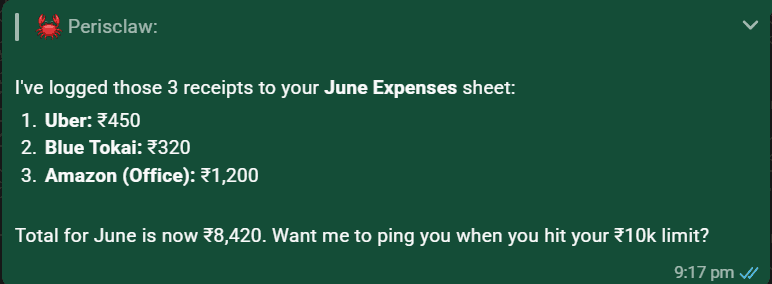 Perisclaw confirming it logged three receipts into a June Expenses sheet with a running total, and offering to alert when a spending limit is reached