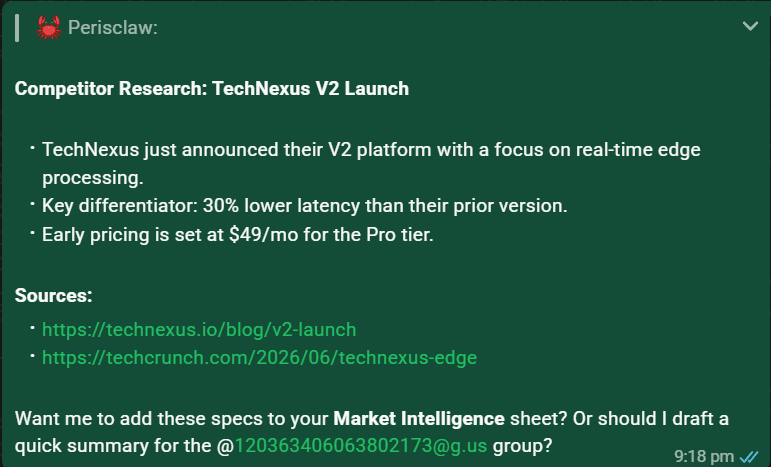 A Perisclaw research summary in chat, with bullet-point findings and cited source links