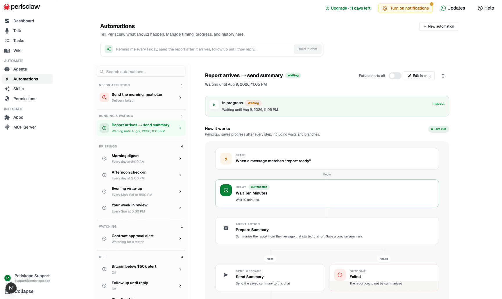 A multi-step report automation in progress, showing the message that starts it, the current ten-minute wait, the summary step, and its success and failure outcomes