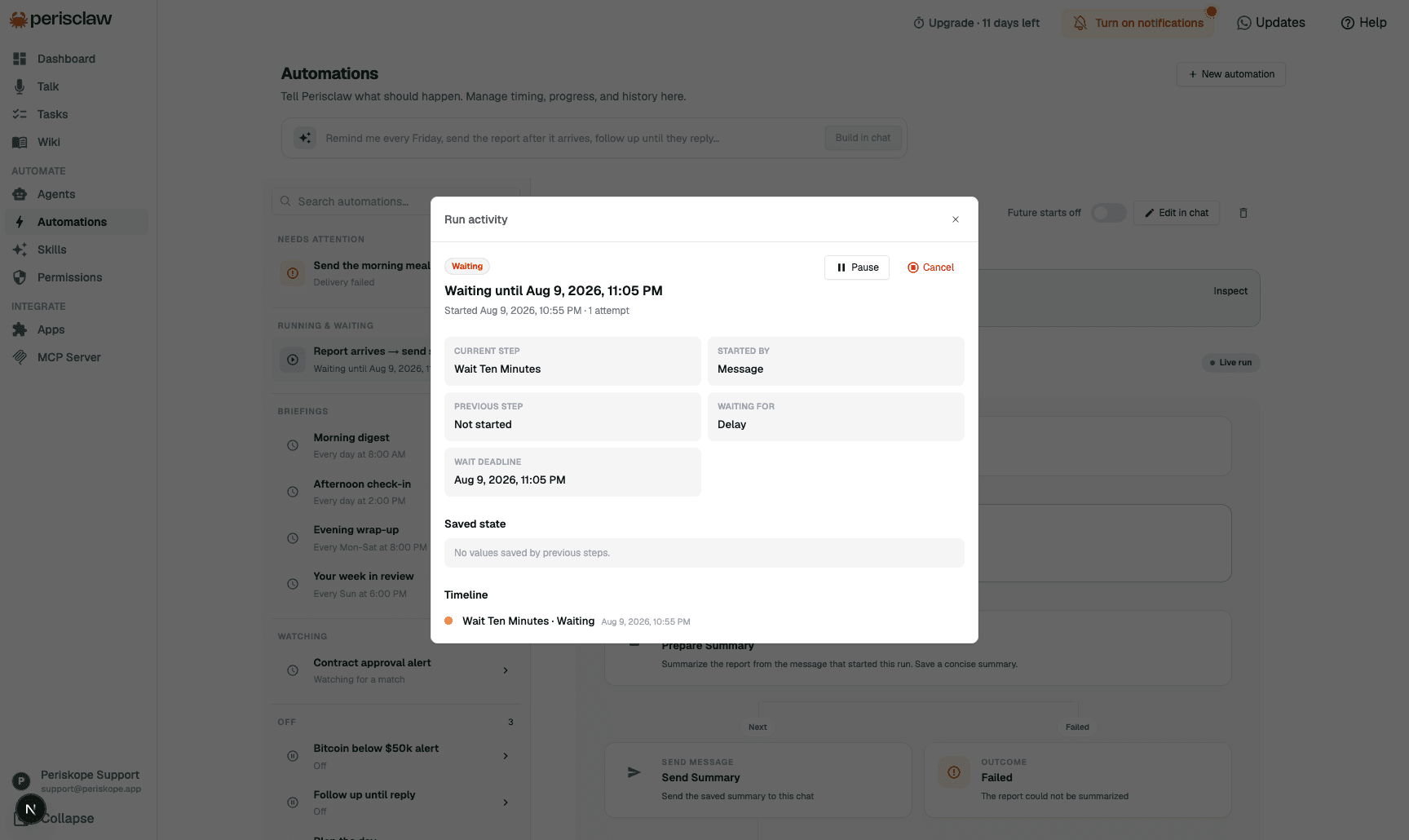The Run activity view for a waiting automation, showing its current step, start source, wait deadline, saved state, timeline, and pause and cancel controls