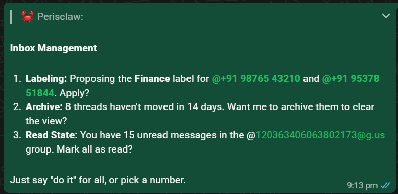 Perisclaw proposing labels, archives, and read-state changes before an inbox cleanup