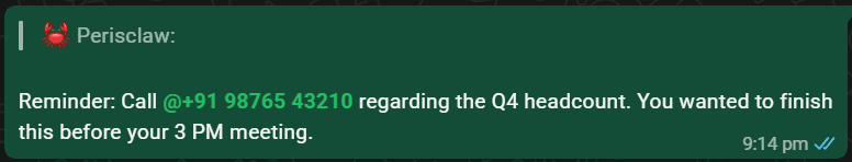 A Perisclaw reminder returning in self-chat with the original reason