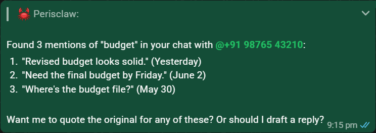 Perisclaw returning matching messages with dates and source conversations