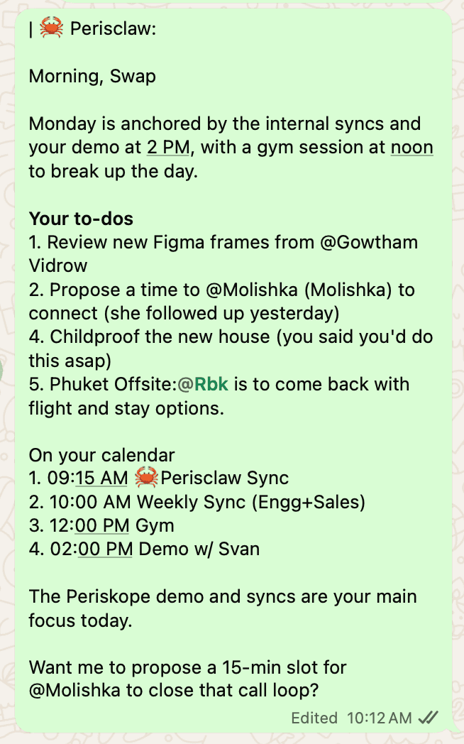 A Perisclaw morning briefing inside WhatsApp