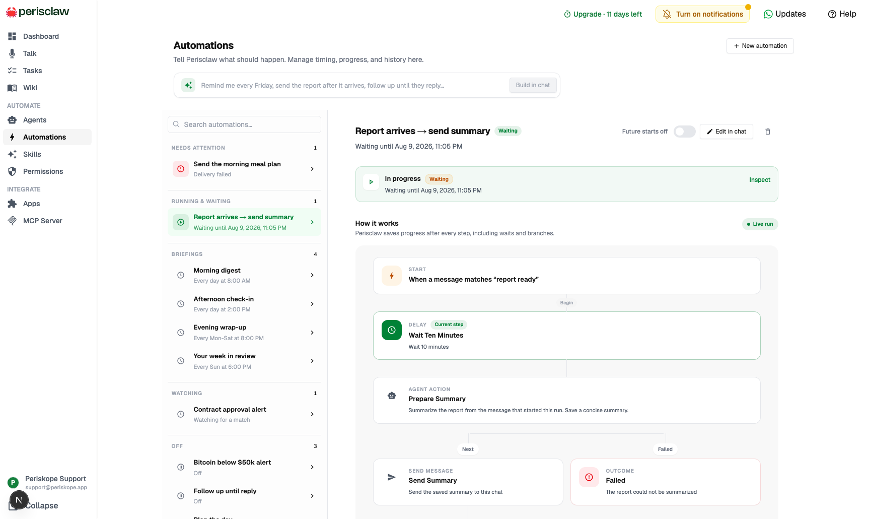 A multi-step report automation in progress, showing the message that starts it, the current ten-minute wait, the summary step, and its success and failure outcomes