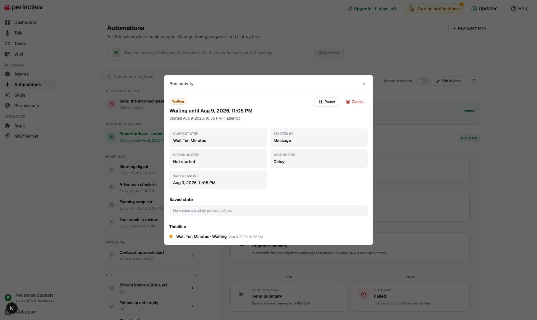 The Run activity view for a waiting automation, showing its current step, start source, wait deadline, saved state, timeline, and pause and cancel controls