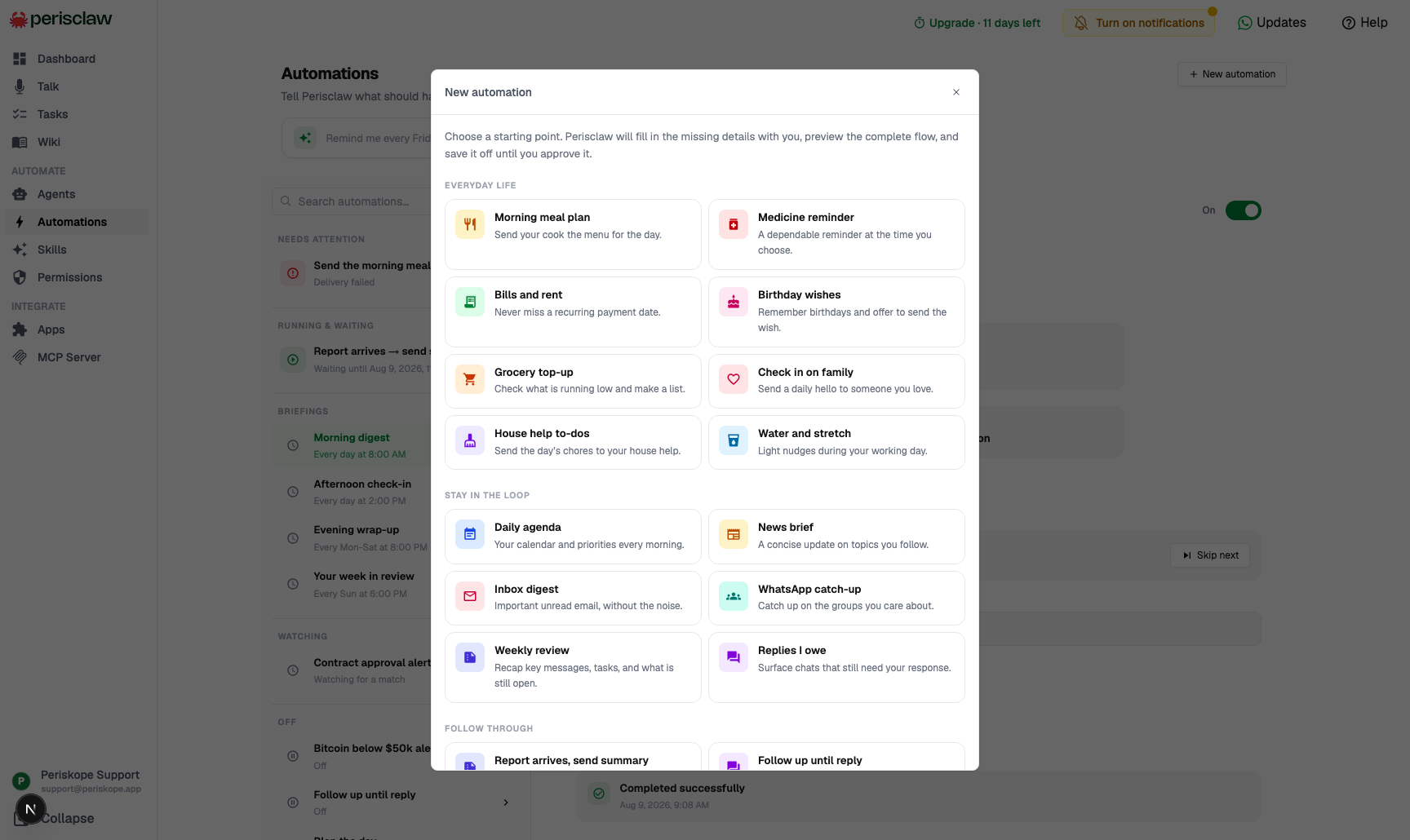 The New automation template picker, with recurring actions, briefs, message rules, and multi-step follow-through templates grouped by outcome