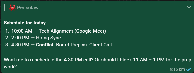 Perisclaw listing a day's events and pointing out a calendar conflict