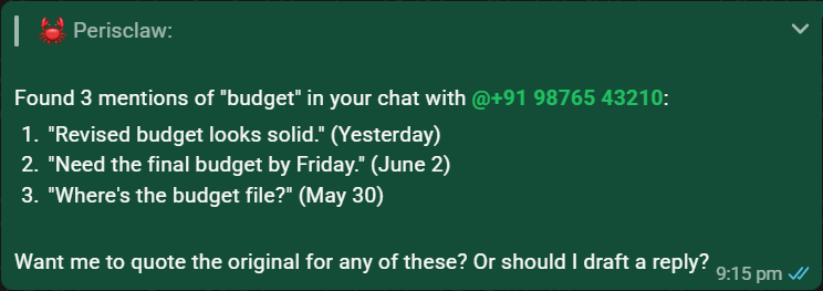 Perisclaw returning matching messages with dates and source conversations