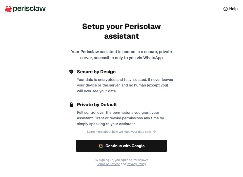 Perisclaw sign-in screen with Continue with Google