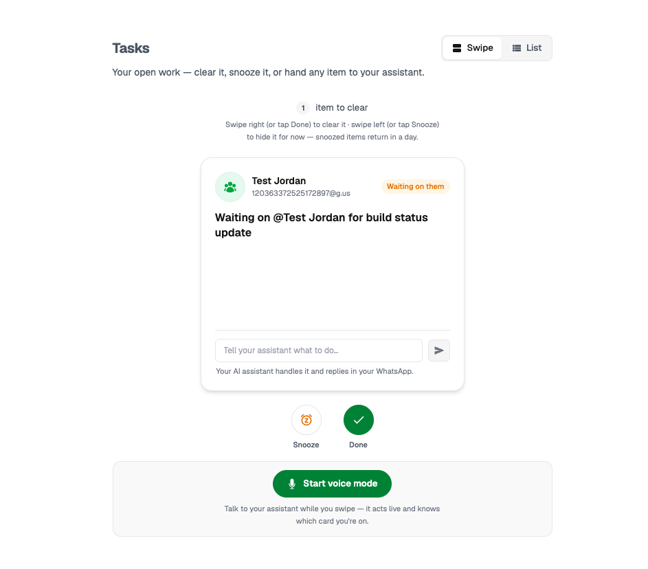 Tasks dashboard in Swipe view with one open follow-up and Done and Snooze controls