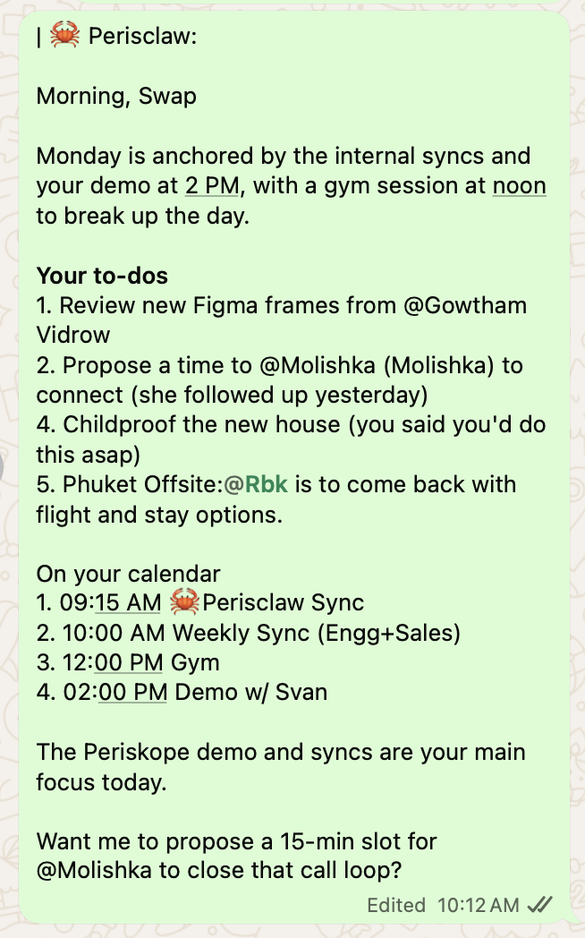 A Perisclaw morning briefing inside WhatsApp
