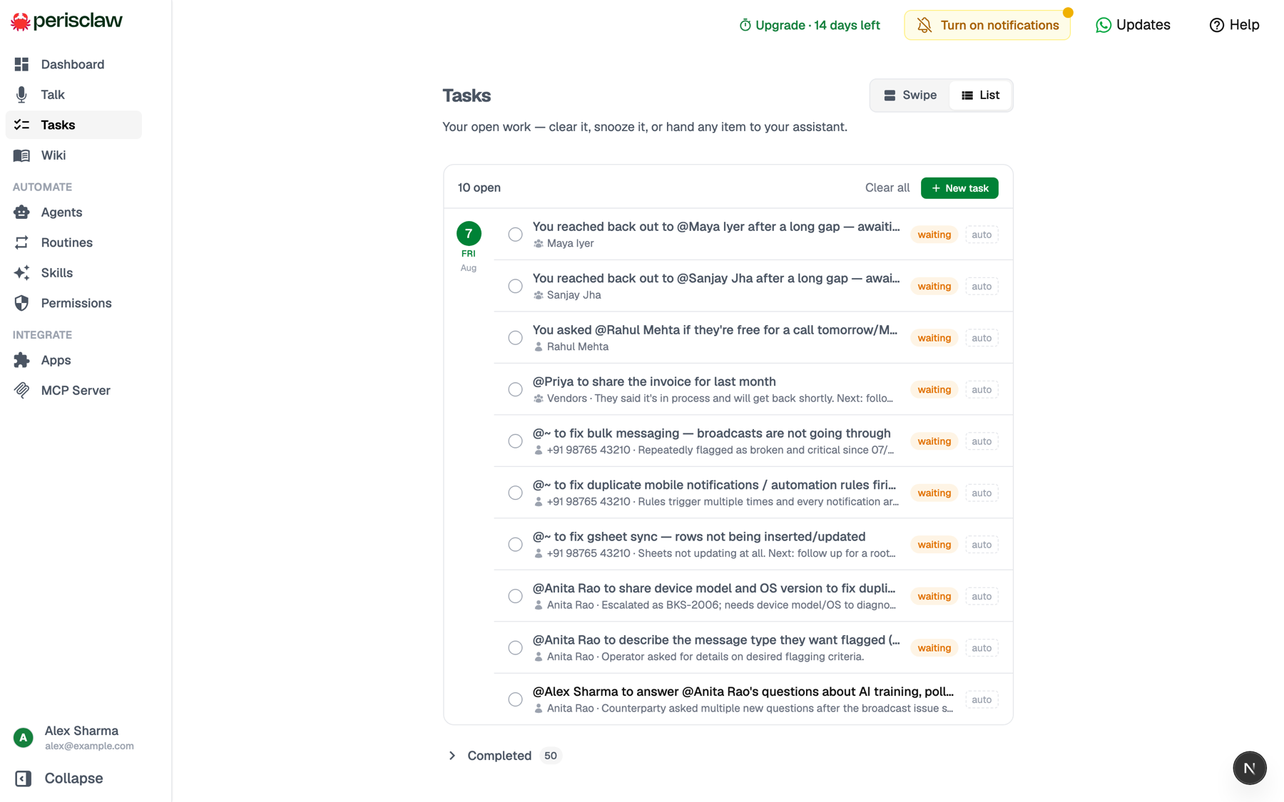 Tasks List view showing open commitments and the person responsible for each one